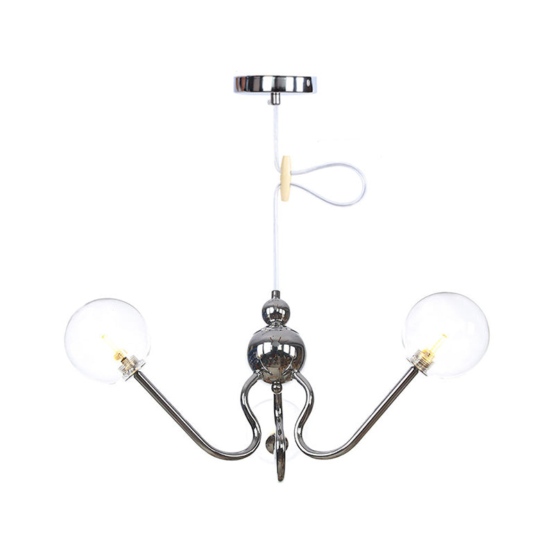 Industrial 3 Heads Hanging Chandelier Lamp with Amber/Clear Glass Shade Black/Chrome Finish Orbit Ceiling Lighting Clearhalo 'Cast Iron' 'Ceiling Lights' 'Chandeliers' 'Industrial Chandeliers' 'Industrial' 'Metal' 'Middle Century Chandeliers' 'Rustic Chandeliers' 'Tiffany' Lighting' 281235
