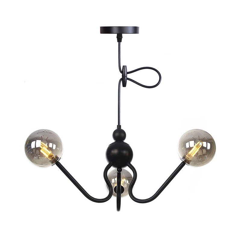 Industrial 3 Heads Hanging Chandelier Lamp with Amber/Clear Glass Shade Black/Chrome Finish Orbit Ceiling Lighting Clearhalo 'Cast Iron' 'Ceiling Lights' 'Chandeliers' 'Industrial Chandeliers' 'Industrial' 'Metal' 'Middle Century Chandeliers' 'Rustic Chandeliers' 'Tiffany' Lighting' 281239
