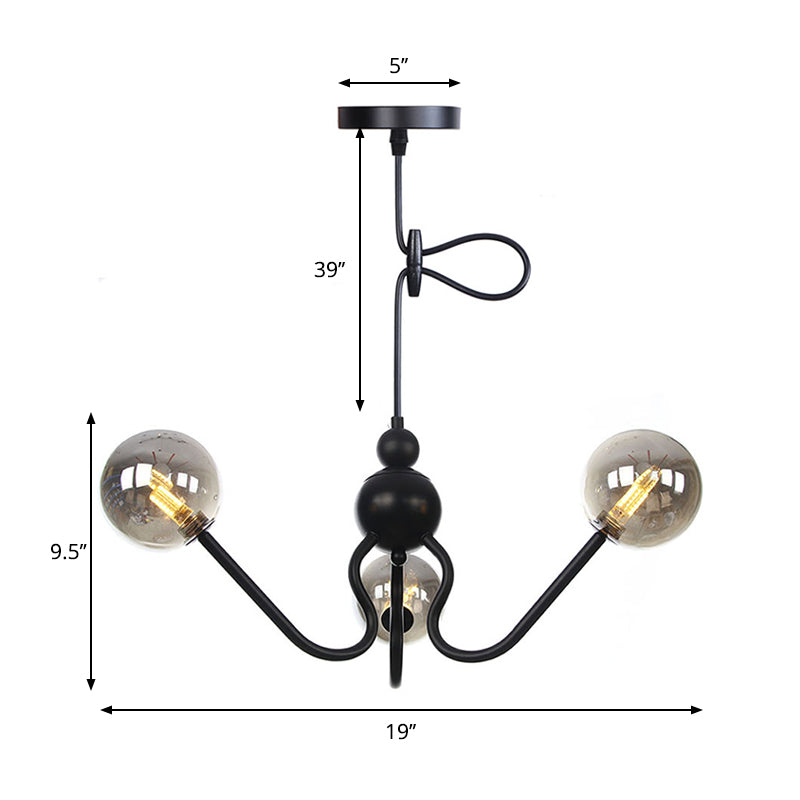 Industrial 3 Heads Hanging Chandelier Lamp with Amber/Clear Glass Shade Black/Chrome Finish Orbit Ceiling Lighting Clearhalo 'Cast Iron' 'Ceiling Lights' 'Chandeliers' 'Industrial Chandeliers' 'Industrial' 'Metal' 'Middle Century Chandeliers' 'Rustic Chandeliers' 'Tiffany' Lighting' 281240