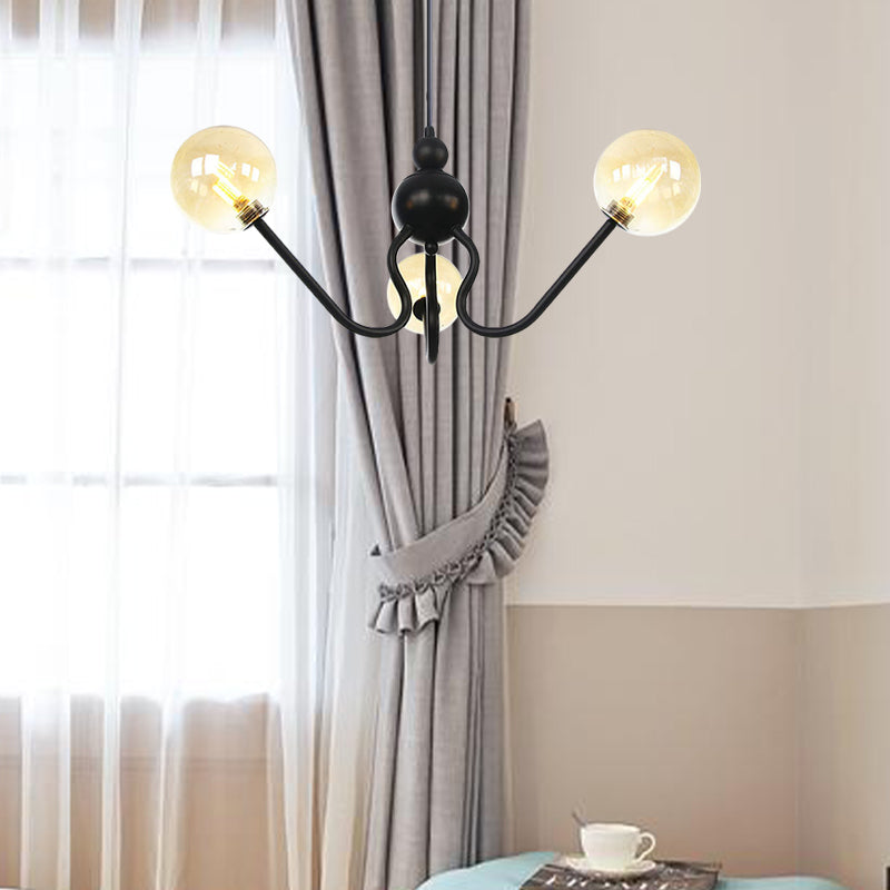 Industrial 3 Heads Hanging Chandelier Lamp with Amber/Clear Glass Shade Black/Chrome Finish Orbit Ceiling Lighting Clearhalo 'Cast Iron' 'Ceiling Lights' 'Chandeliers' 'Industrial Chandeliers' 'Industrial' 'Metal' 'Middle Century Chandeliers' 'Rustic Chandeliers' 'Tiffany' Lighting' 281242