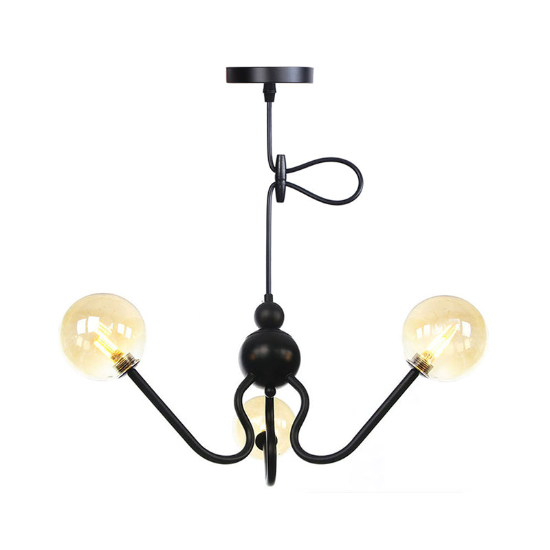 Industrial 3 Heads Hanging Chandelier Lamp with Amber/Clear Glass Shade Black/Chrome Finish Orbit Ceiling Lighting Clearhalo 'Cast Iron' 'Ceiling Lights' 'Chandeliers' 'Industrial Chandeliers' 'Industrial' 'Metal' 'Middle Century Chandeliers' 'Rustic Chandeliers' 'Tiffany' Lighting' 281243