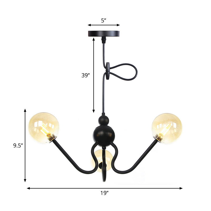 Industrial 3 Heads Hanging Chandelier Lamp with Amber/Clear Glass Shade Black/Chrome Finish Orbit Ceiling Lighting Clearhalo 'Cast Iron' 'Ceiling Lights' 'Chandeliers' 'Industrial Chandeliers' 'Industrial' 'Metal' 'Middle Century Chandeliers' 'Rustic Chandeliers' 'Tiffany' Lighting' 281244