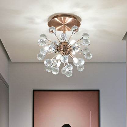 Modernist Globe Semi-Flush Mount Faceted Crystal 6 Bulbs Ceiling Light Fixture in Brass Brass Clearhalo 'Ceiling Lights' 'Close To Ceiling Lights' 'Close to ceiling' 'Semi-flushmount' Lighting' 281249