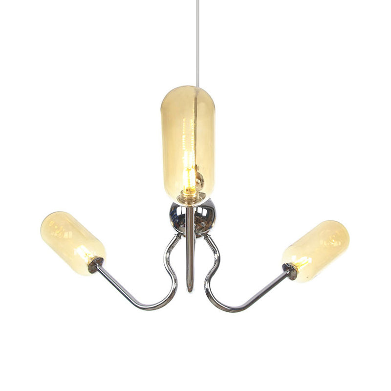Vintage Oval Chandelier Lighting Amber/Clear Glass 3 Heads Living Room Ceiling Lamp with Adjustable Cord in Black/Chrome Clearhalo 'Cast Iron' 'Ceiling Lights' 'Chandeliers' 'Industrial Chandeliers' 'Industrial' 'Metal' 'Middle Century Chandeliers' 'Rustic Chandeliers' 'Tiffany' Lighting' 281272