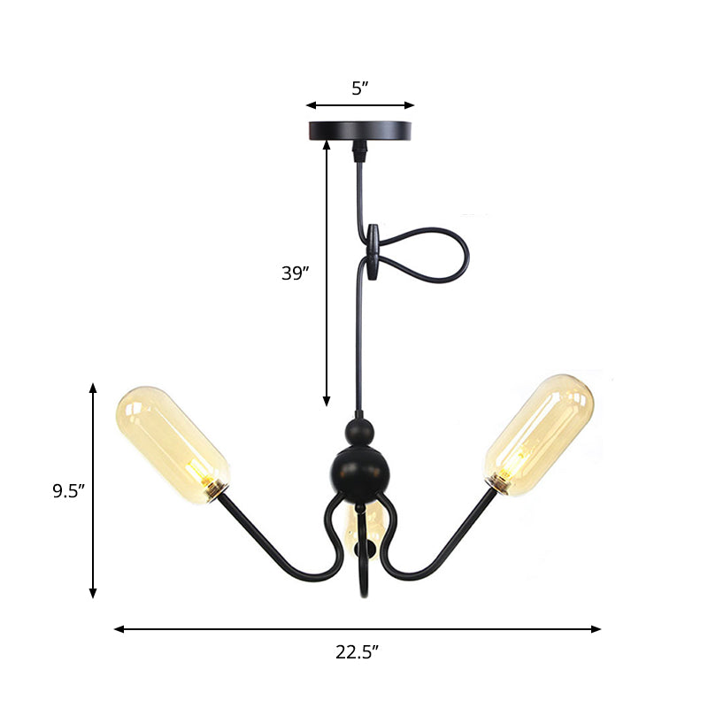 Vintage Oval Chandelier Lighting Amber/Clear Glass 3 Heads Living Room Ceiling Lamp with Adjustable Cord in Black/Chrome Clearhalo 'Cast Iron' 'Ceiling Lights' 'Chandeliers' 'Industrial Chandeliers' 'Industrial' 'Metal' 'Middle Century Chandeliers' 'Rustic Chandeliers' 'Tiffany' Lighting' 281281