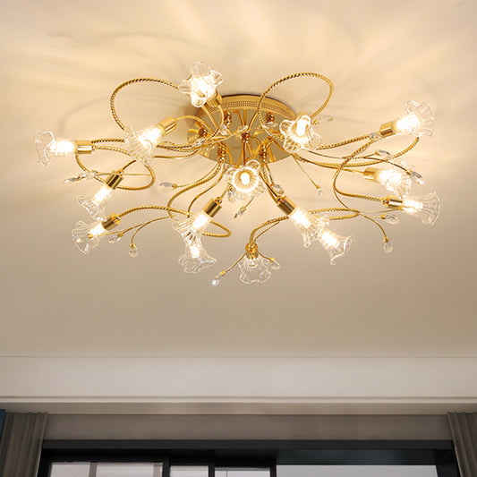 Crystal Floral Semi Flush Mount Modern 10/15 Heads Close to Ceiling Lighting in Gold for Living Room 15 Gold Clearhalo 'Ceiling Lights' 'Close To Ceiling Lights' 'Close to ceiling' 'Semi-flushmount' Lighting' 281291