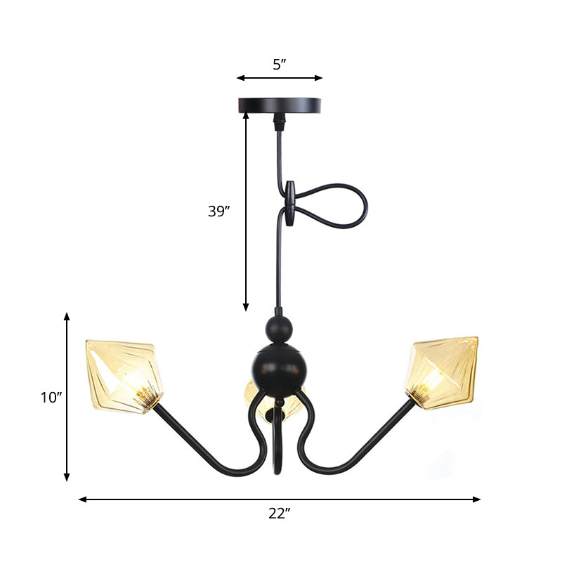 Diamond Shaped Pendant Lighting Farmhouse Amber/Clear Glass 3 Lights Restaurant Chandelier Lamp in Black/Chrome Clearhalo 'Cast Iron' 'Ceiling Lights' 'Chandeliers' 'Industrial Chandeliers' 'Industrial' 'Metal' 'Middle Century Chandeliers' 'Rustic Chandeliers' 'Tiffany' Lighting' 281337