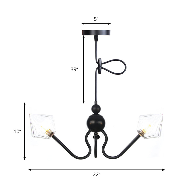 Diamond Shaped Pendant Lighting Farmhouse Amber/Clear Glass 3 Lights Restaurant Chandelier Lamp in Black/Chrome Clearhalo 'Cast Iron' 'Ceiling Lights' 'Chandeliers' 'Industrial Chandeliers' 'Industrial' 'Metal' 'Middle Century Chandeliers' 'Rustic Chandeliers' 'Tiffany' Lighting' 281341