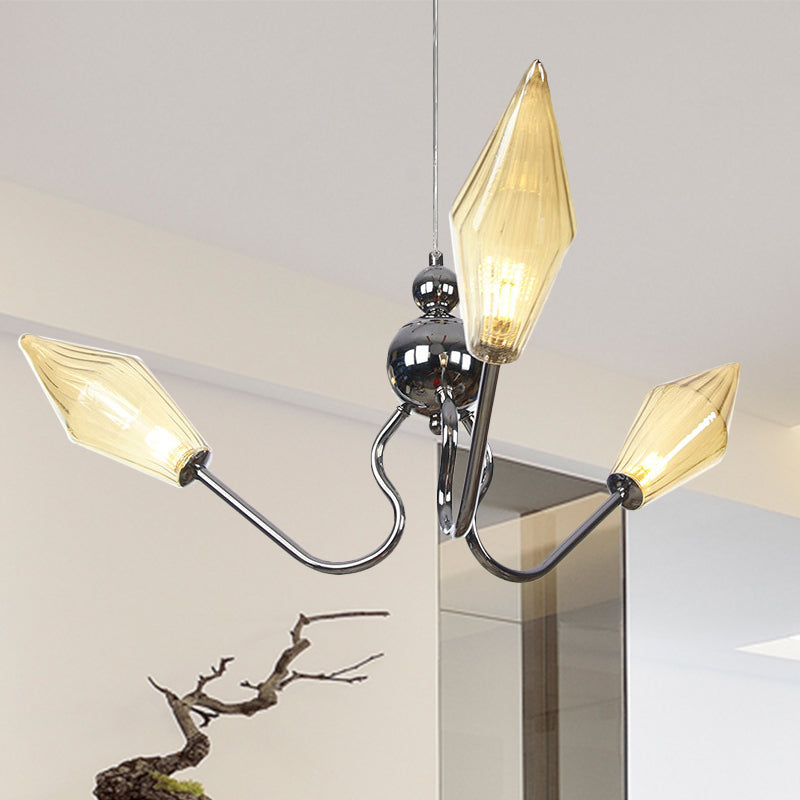Amber/Clear Glass Diamond Hanging Lamp Vintage 3-Head Black/Chrome Finish Chandelier Lighting with Adjustable Cord Clearhalo 'Cast Iron' 'Ceiling Lights' 'Chandeliers' 'Industrial Chandeliers' 'Industrial' 'Metal' 'Middle Century Chandeliers' 'Rustic Chandeliers' 'Tiffany' Lighting' 281357