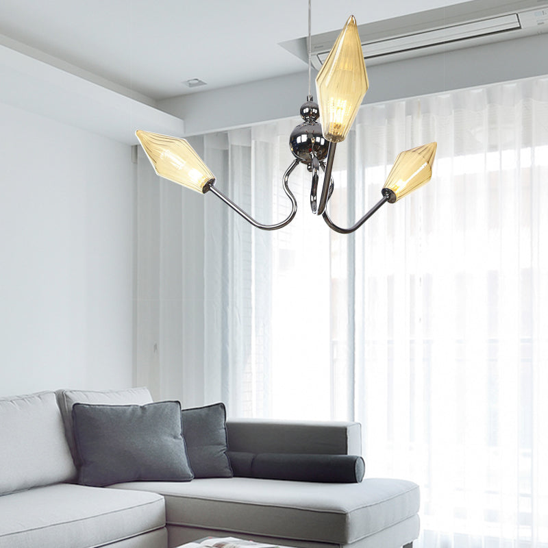 Amber/Clear Glass Diamond Hanging Lamp Vintage 3-Head Black/Chrome Finish Chandelier Lighting with Adjustable Cord Clearhalo 'Cast Iron' 'Ceiling Lights' 'Chandeliers' 'Industrial Chandeliers' 'Industrial' 'Metal' 'Middle Century Chandeliers' 'Rustic Chandeliers' 'Tiffany' Lighting' 281358