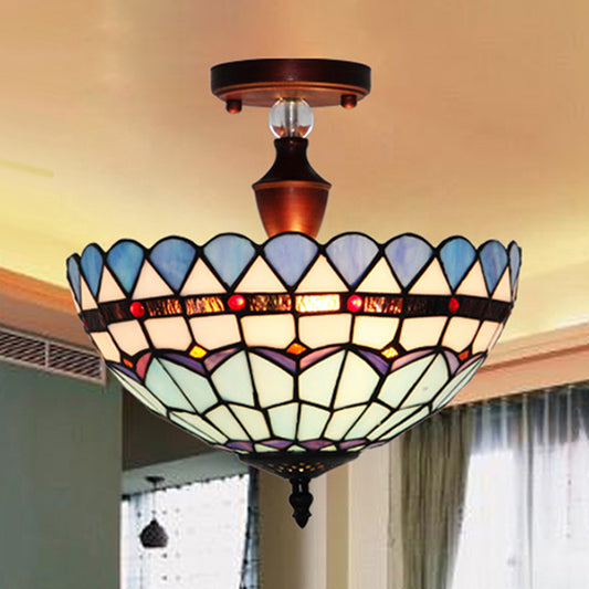 Baroque Style Bowl Semi Flush Light 12"/16" Width Stained Glass Semi Flushmount in Blue for Dining Room Blue Clearhalo 'Ceiling Lights' 'Close To Ceiling Lights' 'Close to ceiling' 'Glass shade' 'Glass' 'Semi-flushmount' 'Tiffany close to ceiling' 'Tiffany' Lighting' 28135