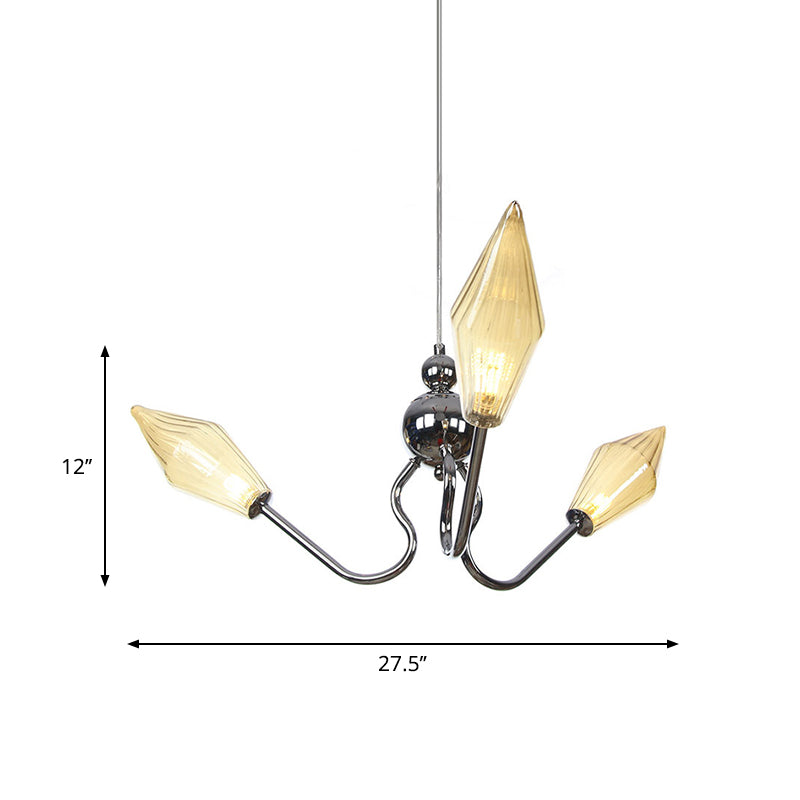 Amber/Clear Glass Diamond Hanging Lamp Vintage 3-Head Black/Chrome Finish Chandelier Lighting with Adjustable Cord Clearhalo 'Cast Iron' 'Ceiling Lights' 'Chandeliers' 'Industrial Chandeliers' 'Industrial' 'Metal' 'Middle Century Chandeliers' 'Rustic Chandeliers' 'Tiffany' Lighting' 281360