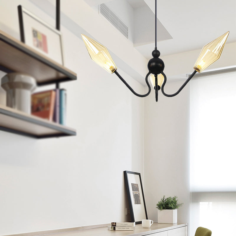 Amber/Clear Glass Diamond Hanging Lamp Vintage 3-Head Black/Chrome Finish Chandelier Lighting with Adjustable Cord Clearhalo 'Cast Iron' 'Ceiling Lights' 'Chandeliers' 'Industrial Chandeliers' 'Industrial' 'Metal' 'Middle Century Chandeliers' 'Rustic Chandeliers' 'Tiffany' Lighting' 281362