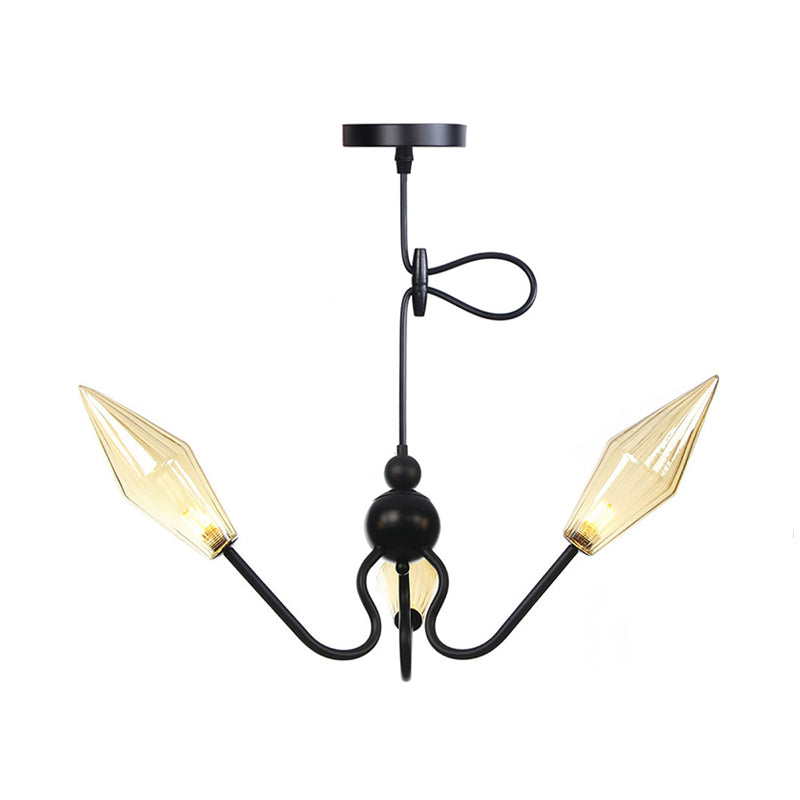 Amber/Clear Glass Diamond Hanging Lamp Vintage 3-Head Black/Chrome Finish Chandelier Lighting with Adjustable Cord Clearhalo 'Cast Iron' 'Ceiling Lights' 'Chandeliers' 'Industrial Chandeliers' 'Industrial' 'Metal' 'Middle Century Chandeliers' 'Rustic Chandeliers' 'Tiffany' Lighting' 281363