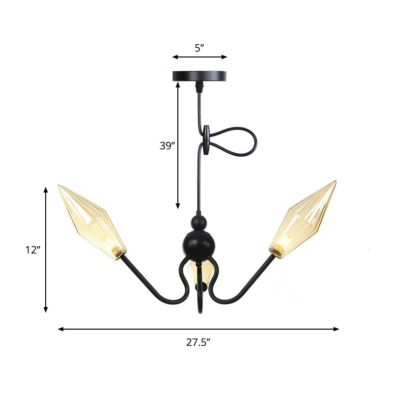 Amber/Clear Glass Diamond Hanging Lamp Vintage 3-Head Black/Chrome Finish Chandelier Lighting with Adjustable Cord Clearhalo 'Cast Iron' 'Ceiling Lights' 'Chandeliers' 'Industrial Chandeliers' 'Industrial' 'Metal' 'Middle Century Chandeliers' 'Rustic Chandeliers' 'Tiffany' Lighting' 281364