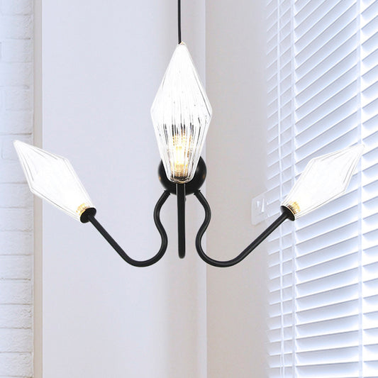 Amber/Clear Glass Diamond Hanging Lamp Vintage 3-Head Black/Chrome Finish Chandelier Lighting with Adjustable Cord Black Clear Clearhalo 'Cast Iron' 'Ceiling Lights' 'Chandeliers' 'Industrial Chandeliers' 'Industrial' 'Metal' 'Middle Century Chandeliers' 'Rustic Chandeliers' 'Tiffany' Lighting' 281369