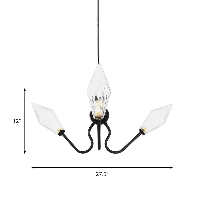 Amber/Clear Glass Diamond Hanging Lamp Vintage 3-Head Black/Chrome Finish Chandelier Lighting with Adjustable Cord Clearhalo 'Cast Iron' 'Ceiling Lights' 'Chandeliers' 'Industrial Chandeliers' 'Industrial' 'Metal' 'Middle Century Chandeliers' 'Rustic Chandeliers' 'Tiffany' Lighting' 281372