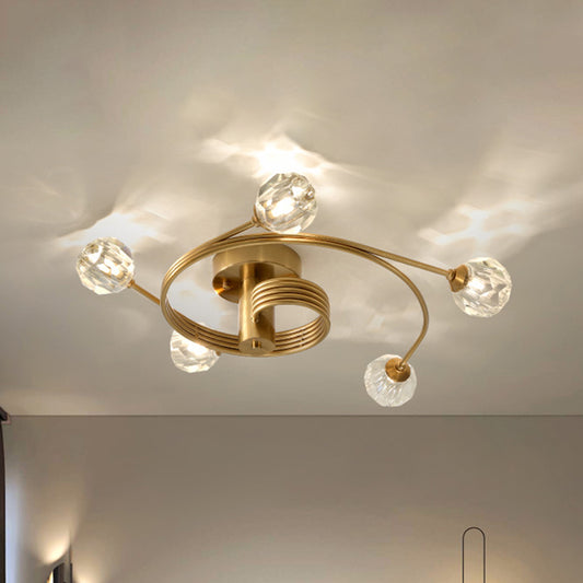 Ball Semi-Flush Mount Traditionary Cut Crystal 5 Heads Gold Ceiling Mount Light Fixture with Curved Metal Arm Gold Clearhalo 'Ceiling Lights' 'Close To Ceiling Lights' 'Close to ceiling' 'Semi-flushmount' Lighting' 281378