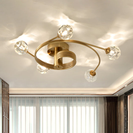 Ball Semi-Flush Mount Traditionary Cut Crystal 5 Heads Gold Ceiling Mount Light Fixture with Curved Metal Arm Clearhalo 'Ceiling Lights' 'Close To Ceiling Lights' 'Close to ceiling' 'Semi-flushmount' Lighting' 281379