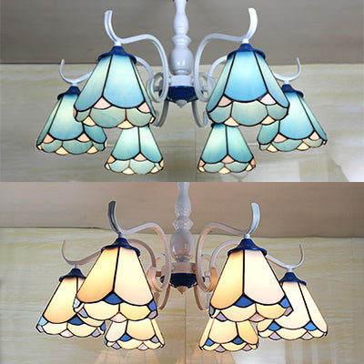 6 Lights Conical Semi Flush Light Stained Glass Tiffany Lodge Ceiling Light in White/Blue Clearhalo 'Ceiling Lights' 'Close To Ceiling Lights' 'Close to ceiling' 'Glass shade' 'Glass' 'Semi-flushmount' 'Tiffany close to ceiling' 'Tiffany' Lighting' 28147
