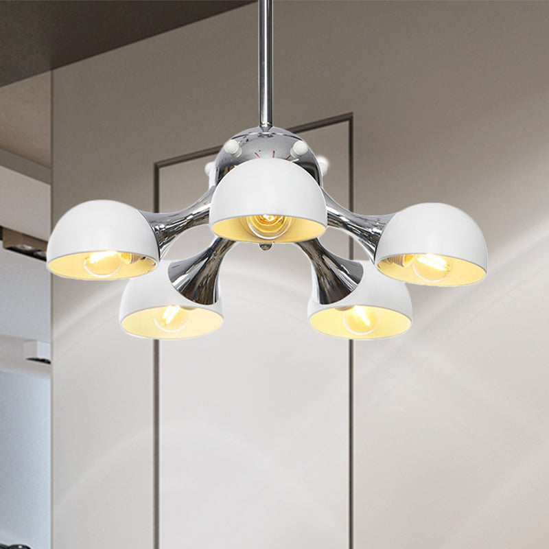 Industrial Dome Hanging Light Fixture Metallic 3/4/5 Heads Living Room Chandelier Lamp with Downrods/Chain in Black/Chrome 5 Chrome Downrods Clearhalo 'Cast Iron' 'Ceiling Lights' 'Chandeliers' 'Industrial Chandeliers' 'Industrial' 'Metal' 'Middle Century Chandeliers' 'Rustic Chandeliers' 'Tiffany' Lighting' 281477