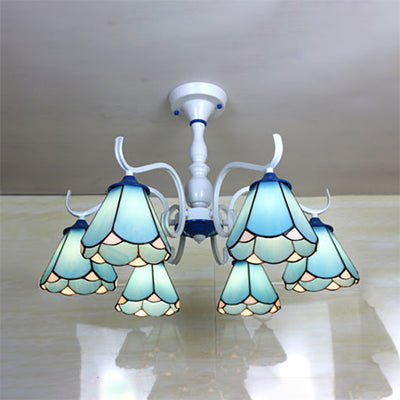 6 Lights Conical Semi Flush Light Stained Glass Tiffany Lodge Ceiling Light in White/Blue Blue Clearhalo 'Ceiling Lights' 'Close To Ceiling Lights' 'Close to ceiling' 'Glass shade' 'Glass' 'Semi-flushmount' 'Tiffany close to ceiling' 'Tiffany' Lighting' 28148