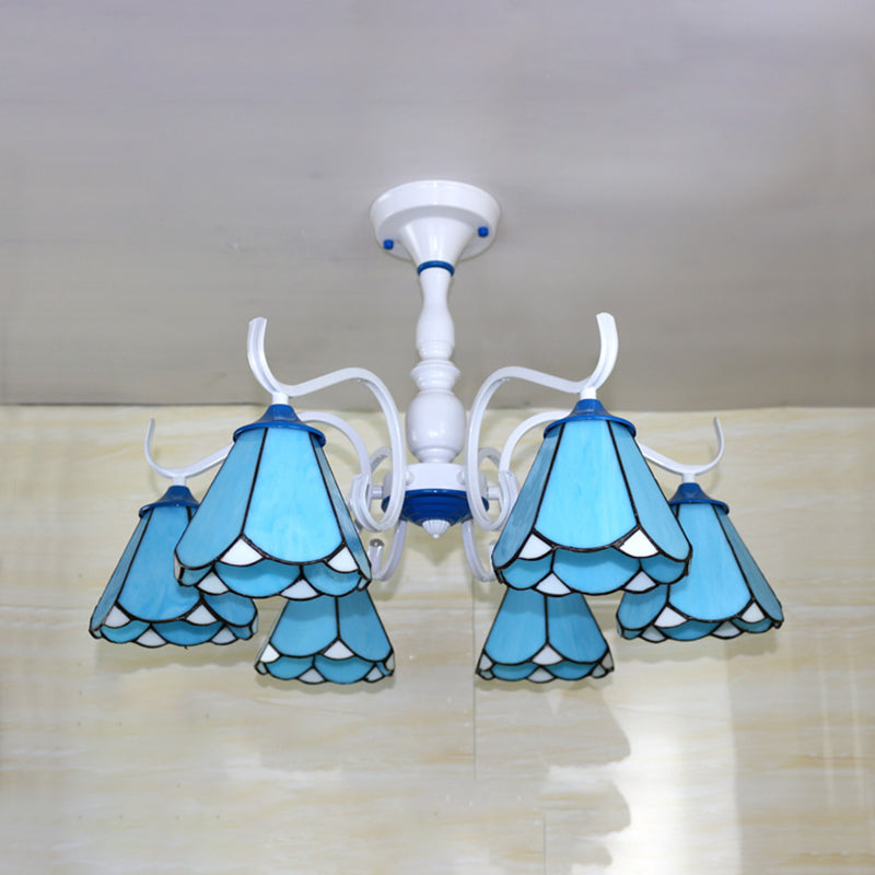 6 Lights Conical Semi Flush Light Stained Glass Tiffany Lodge Ceiling Light in White/Blue Clearhalo 'Ceiling Lights' 'Close To Ceiling Lights' 'Close to ceiling' 'Glass shade' 'Glass' 'Semi-flushmount' 'Tiffany close to ceiling' 'Tiffany' Lighting' 28149