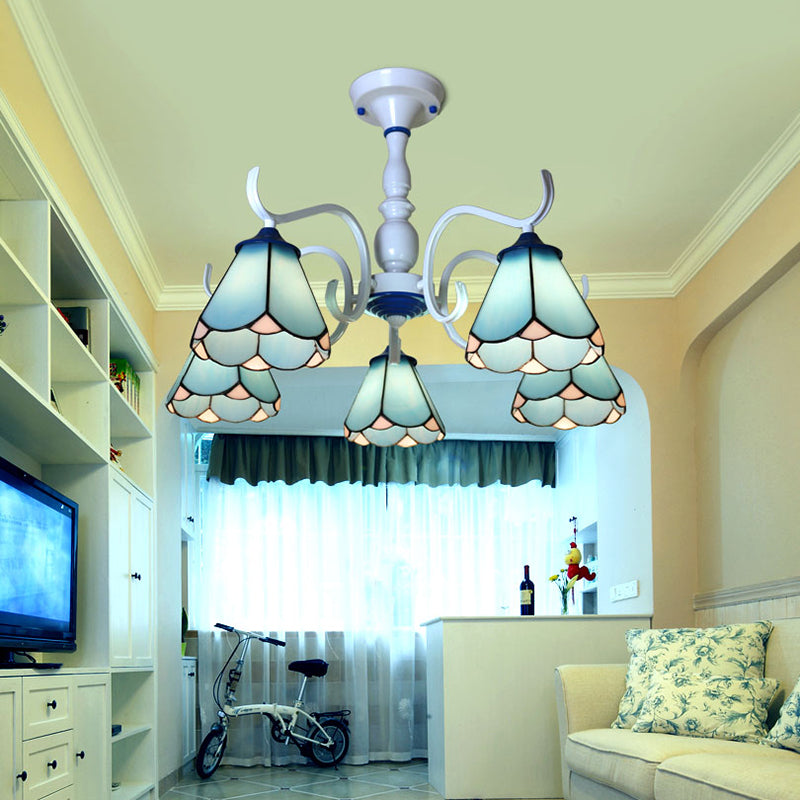 6 Lights Conical Semi Flush Light Stained Glass Tiffany Lodge Ceiling Light in White/Blue Clearhalo 'Ceiling Lights' 'Close To Ceiling Lights' 'Close to ceiling' 'Glass shade' 'Glass' 'Semi-flushmount' 'Tiffany close to ceiling' 'Tiffany' Lighting' 28150