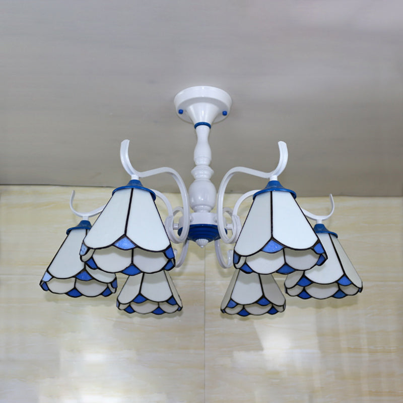 6 Lights Conical Semi Flush Light Stained Glass Tiffany Lodge Ceiling Light in White/Blue Clearhalo 'Ceiling Lights' 'Close To Ceiling Lights' 'Close to ceiling' 'Glass shade' 'Glass' 'Semi-flushmount' 'Tiffany close to ceiling' 'Tiffany' Lighting' 28152