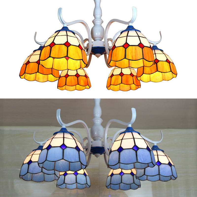 Dome Semi Flush Light Tiffany Style 6 Heads Blue/Orange Glass Semi Flush Mount in White Finish Clearhalo 'Ceiling Lights' 'Close To Ceiling Lights' 'Close to ceiling' 'Glass shade' 'Glass' 'Semi-flushmount' 'Tiffany close to ceiling' 'Tiffany' Lighting' 28160