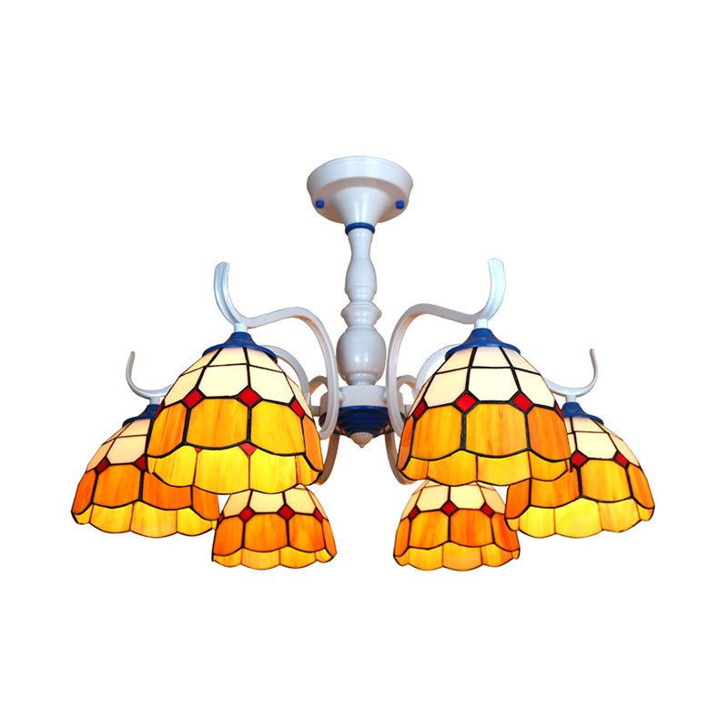 Dome Semi Flush Light Tiffany Style 6 Heads Blue/Orange Glass Semi Flush Mount in White Finish Clearhalo 'Ceiling Lights' 'Close To Ceiling Lights' 'Close to ceiling' 'Glass shade' 'Glass' 'Semi-flushmount' 'Tiffany close to ceiling' 'Tiffany' Lighting' 28163