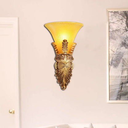 1 Head Wall Lamp with Bell Shade Yellow Glass and Resin Lodge Style Bedroom Wall Sconce in Gold Gold Clearhalo 'Wall Lamps & Sconces' 'Wall Lights' Lighting' 281712