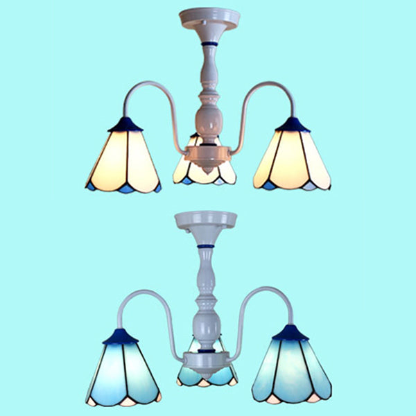 White Curved Arm Semi Flush Light with Stained Glass Cone Shade 3 Lights Tiffany Ceiling Light in Blue/White Clearhalo 'Ceiling Lights' 'Close To Ceiling Lights' 'Close to ceiling' 'Glass shade' 'Glass' 'Semi-flushmount' 'Tiffany close to ceiling' 'Tiffany' Lighting' 28177
