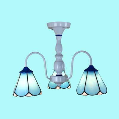 White Curved Arm Semi Flush Light with Stained Glass Cone Shade 3 Lights Tiffany Ceiling Light in Blue/White Clearhalo 'Ceiling Lights' 'Close To Ceiling Lights' 'Close to ceiling' 'Glass shade' 'Glass' 'Semi-flushmount' 'Tiffany close to ceiling' 'Tiffany' Lighting' 28178