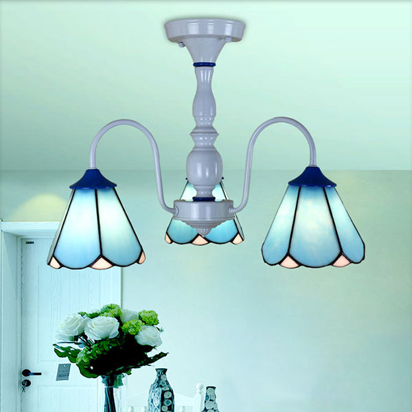 White Curved Arm Semi Flush Light with Stained Glass Cone Shade 3 Lights Tiffany Ceiling Light in Blue/White Blue Clearhalo 'Ceiling Lights' 'Close To Ceiling Lights' 'Close to ceiling' 'Glass shade' 'Glass' 'Semi-flushmount' 'Tiffany close to ceiling' 'Tiffany' Lighting' 28179