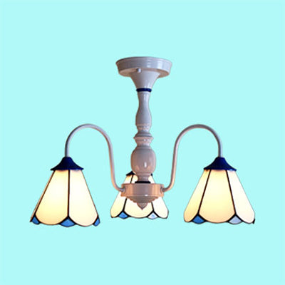White Curved Arm Semi Flush Light with Stained Glass Cone Shade 3 Lights Tiffany Ceiling Light in Blue/White Clearhalo 'Ceiling Lights' 'Close To Ceiling Lights' 'Close to ceiling' 'Glass shade' 'Glass' 'Semi-flushmount' 'Tiffany close to ceiling' 'Tiffany' Lighting' 28181