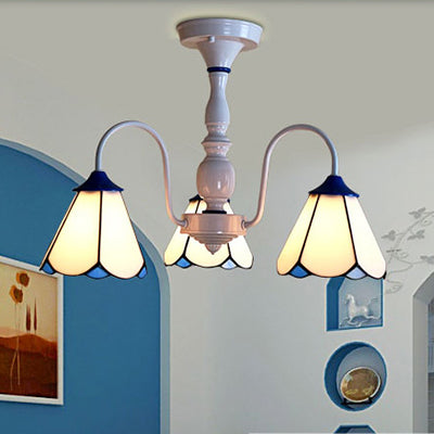 White Curved Arm Semi Flush Light with Stained Glass Cone Shade 3 Lights Tiffany Ceiling Light in Blue/White White Clearhalo 'Ceiling Lights' 'Close To Ceiling Lights' 'Close to ceiling' 'Glass shade' 'Glass' 'Semi-flushmount' 'Tiffany close to ceiling' 'Tiffany' Lighting' 28182