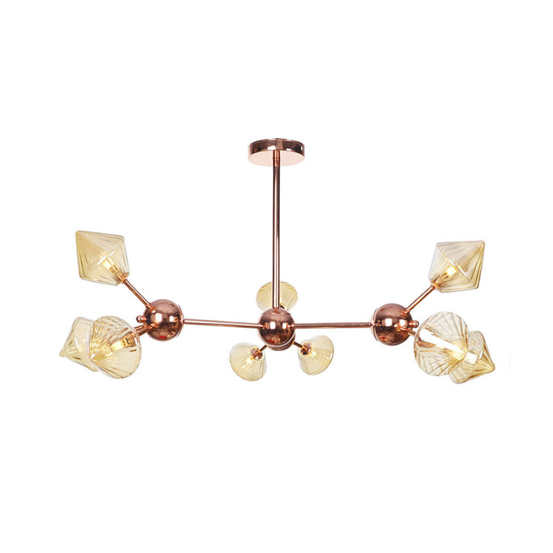 Diamond Living Room Chandelier Lamp Amber/Clear Glass 3/9/12 Lights Farmhouse Style Hanging Fixture, 13"/27.5"/34" Wide Clearhalo 'Ceiling Lights' 'Chandeliers' 'Clear' 'Glass shade' 'Glass' 'Industrial Chandeliers' 'Industrial' 'Middle Century Chandeliers' 'Modern' 'Tiffany' 'Traditional Chandeliers' Lighting' 281822