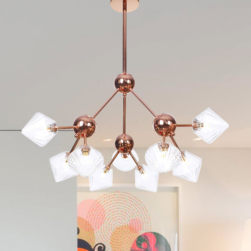 Diamond Living Room Chandelier Lamp Amber/Clear Glass 3/9/12 Lights Farmhouse Style Hanging Fixture, 13"/27.5"/34" Wide 9 Clear 27.5" Clearhalo 'Ceiling Lights' 'Chandeliers' 'Clear' 'Glass shade' 'Glass' 'Industrial Chandeliers' 'Industrial' 'Middle Century Chandeliers' 'Modern' 'Tiffany' 'Traditional Chandeliers' Lighting' 281832