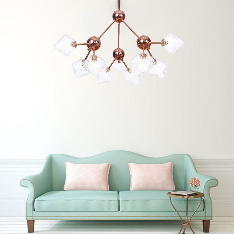 Diamond Living Room Chandelier Lamp Amber/Clear Glass 3/9/12 Lights Farmhouse Style Hanging Fixture, 13"/27.5"/34" Wide Clearhalo 'Ceiling Lights' 'Chandeliers' 'Clear' 'Glass shade' 'Glass' 'Industrial Chandeliers' 'Industrial' 'Middle Century Chandeliers' 'Modern' 'Tiffany' 'Traditional Chandeliers' Lighting' 281833