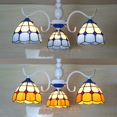 3/6 Lights Dome Semi Flush Light Stained Glass Tiffany Semi Flushmount in Blue/Orange for Foyer Clearhalo 'Ceiling Lights' 'Chandeliers' 'Close To Ceiling Lights' 'Close to ceiling' 'Glass shade' 'Glass' 'Pendant Lights' 'Semi-flushmount' 'Tiffany close to ceiling' 'Tiffany' Lighting' 28183