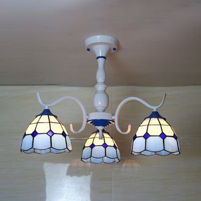 3/6 Lights Dome Semi Flush Light Stained Glass Tiffany Semi Flushmount in Blue/Orange for Foyer 3 Blue Clearhalo 'Ceiling Lights' 'Chandeliers' 'Close To Ceiling Lights' 'Close to ceiling' 'Glass shade' 'Glass' 'Pendant Lights' 'Semi-flushmount' 'Tiffany close to ceiling' 'Tiffany' Lighting' 28184