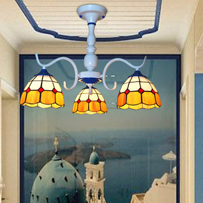 3/6 Lights Dome Semi Flush Light Stained Glass Tiffany Semi Flushmount in Blue/Orange for Foyer 3 Orange Clearhalo 'Ceiling Lights' 'Chandeliers' 'Close To Ceiling Lights' 'Close to ceiling' 'Glass shade' 'Glass' 'Pendant Lights' 'Semi-flushmount' 'Tiffany close to ceiling' 'Tiffany' Lighting' 28187