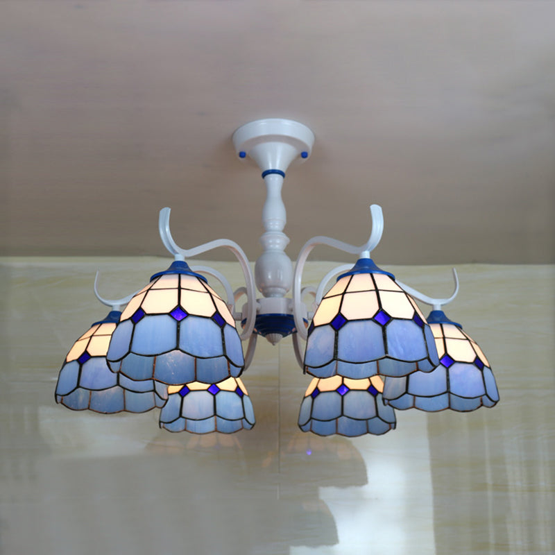 3/6 Lights Dome Semi Flush Light Stained Glass Tiffany Semi Flushmount in Blue/Orange for Foyer 6 Blue Clearhalo 'Ceiling Lights' 'Chandeliers' 'Close To Ceiling Lights' 'Close to ceiling' 'Glass shade' 'Glass' 'Pendant Lights' 'Semi-flushmount' 'Tiffany close to ceiling' 'Tiffany' Lighting' 28189