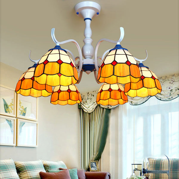 3/6 Lights Dome Semi Flush Light Stained Glass Tiffany Semi Flushmount in Blue/Orange for Foyer 6 Orange Clearhalo 'Ceiling Lights' 'Chandeliers' 'Close To Ceiling Lights' 'Close to ceiling' 'Glass shade' 'Glass' 'Pendant Lights' 'Semi-flushmount' 'Tiffany close to ceiling' 'Tiffany' Lighting' 28191