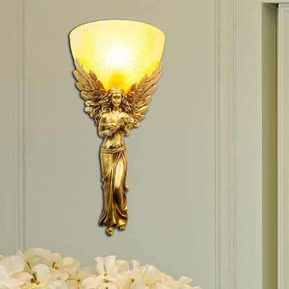 Gold/Silver/White Angel Sconce Lighting Country Style Resin 1 Bulb Foyer Wall Mount Light with Yellow Glass Bowl Shade Gold Clearhalo 'Wall Lamps & Sconces' 'Wall Lights' Lighting' 282058