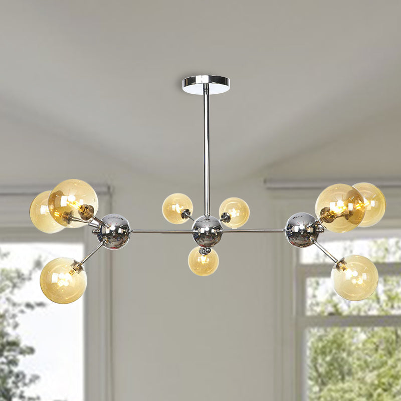 13"/27.5"/34" W Orbit Shade Hanging Chandelier Light Industrial Style Amber/Clear/Smoke Gray Glass 3/9/12 Lights Warehouse Pendant Lamp 9 Amber 34" Clearhalo 'Ceiling Lights' 'Chandeliers' 'Clear' 'Glass shade' 'Glass' 'Industrial Chandeliers' 'Industrial' 'Middle Century Chandeliers' 'Modern' 'Tiffany' 'Traditional Chandeliers' Lighting' 282086