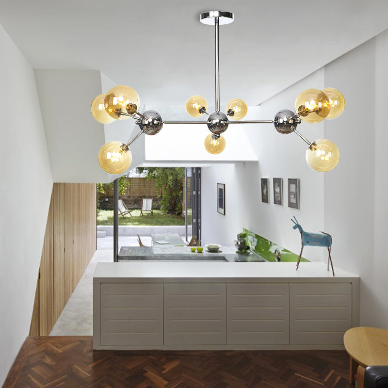 13"/27.5"/34" W Orbit Shade Hanging Chandelier Light Industrial Style Amber/Clear/Smoke Gray Glass 3/9/12 Lights Warehouse Pendant Lamp Clearhalo 'Ceiling Lights' 'Chandeliers' 'Clear' 'Glass shade' 'Glass' 'Industrial Chandeliers' 'Industrial' 'Middle Century Chandeliers' 'Modern' 'Tiffany' 'Traditional Chandeliers' Lighting' 282087