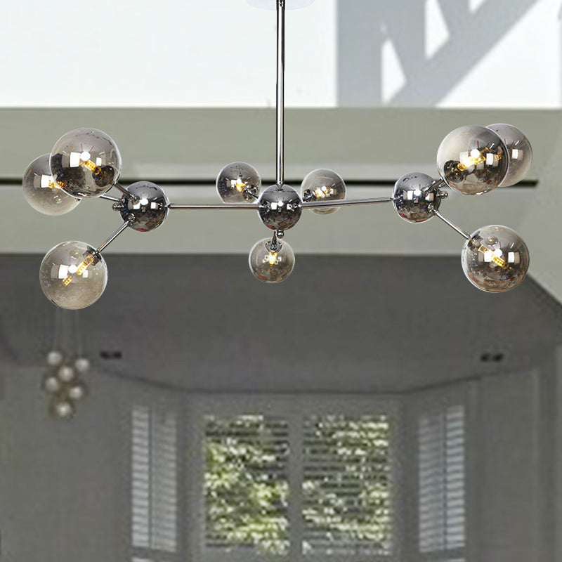 13"/27.5"/34" W Orbit Shade Hanging Chandelier Light Industrial Style Amber/Clear/Smoke Gray Glass 3/9/12 Lights Warehouse Pendant Lamp 9 Smoke Gray 34" Clearhalo 'Ceiling Lights' 'Chandeliers' 'Clear' 'Glass shade' 'Glass' 'Industrial Chandeliers' 'Industrial' 'Middle Century Chandeliers' 'Modern' 'Tiffany' 'Traditional Chandeliers' Lighting' 282090