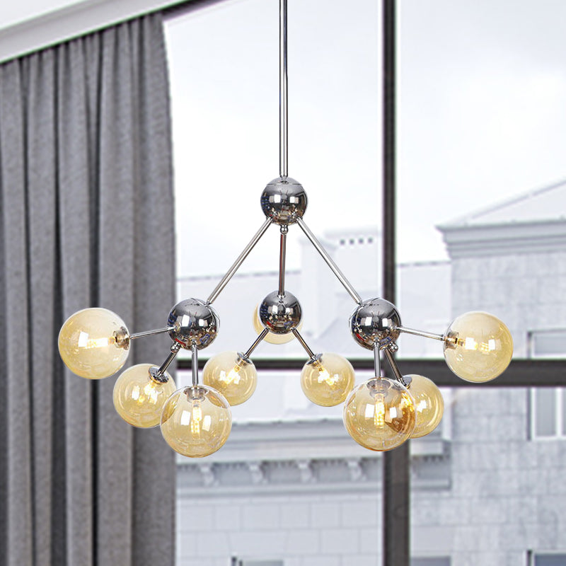 13"/27.5"/34" W Orbit Shade Hanging Chandelier Light Industrial Style Amber/Clear/Smoke Gray Glass 3/9/12 Lights Warehouse Pendant Lamp 9 Amber 27.5" Clearhalo 'Ceiling Lights' 'Chandeliers' 'Clear' 'Glass shade' 'Glass' 'Industrial Chandeliers' 'Industrial' 'Middle Century Chandeliers' 'Modern' 'Tiffany' 'Traditional Chandeliers' Lighting' 282098